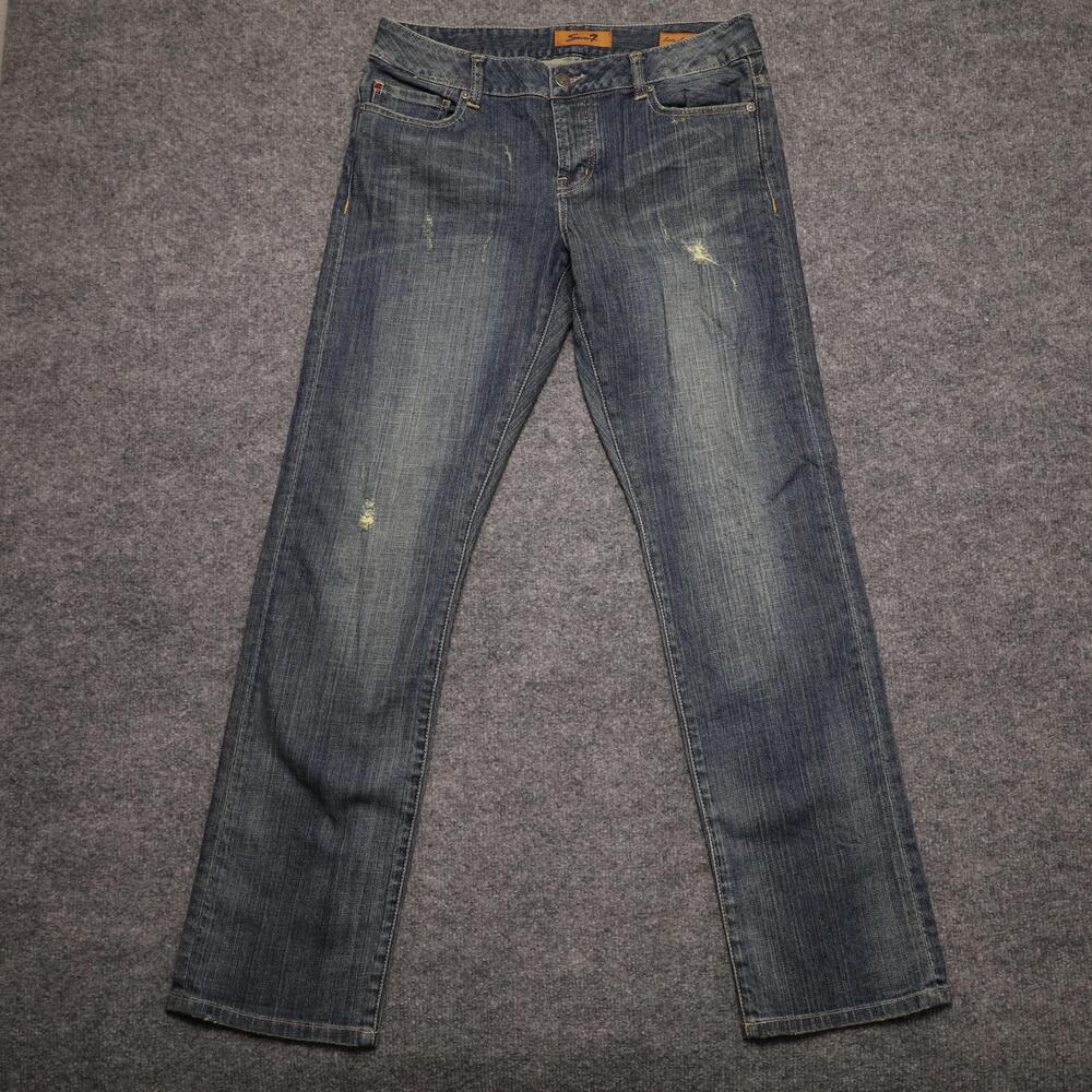Seven7 Jeans Womens 28 Blue Medium Wash Mid Rise Straight Distressed Denim